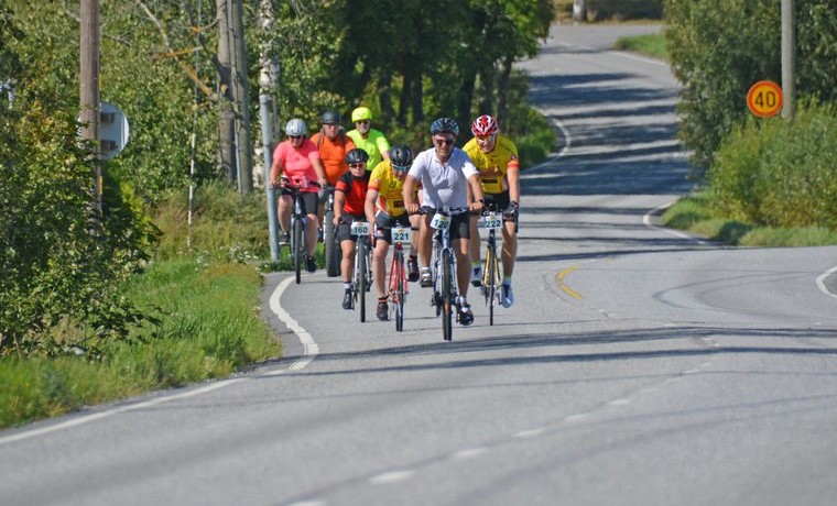 En klunga med tävlingscyklister på landsväg