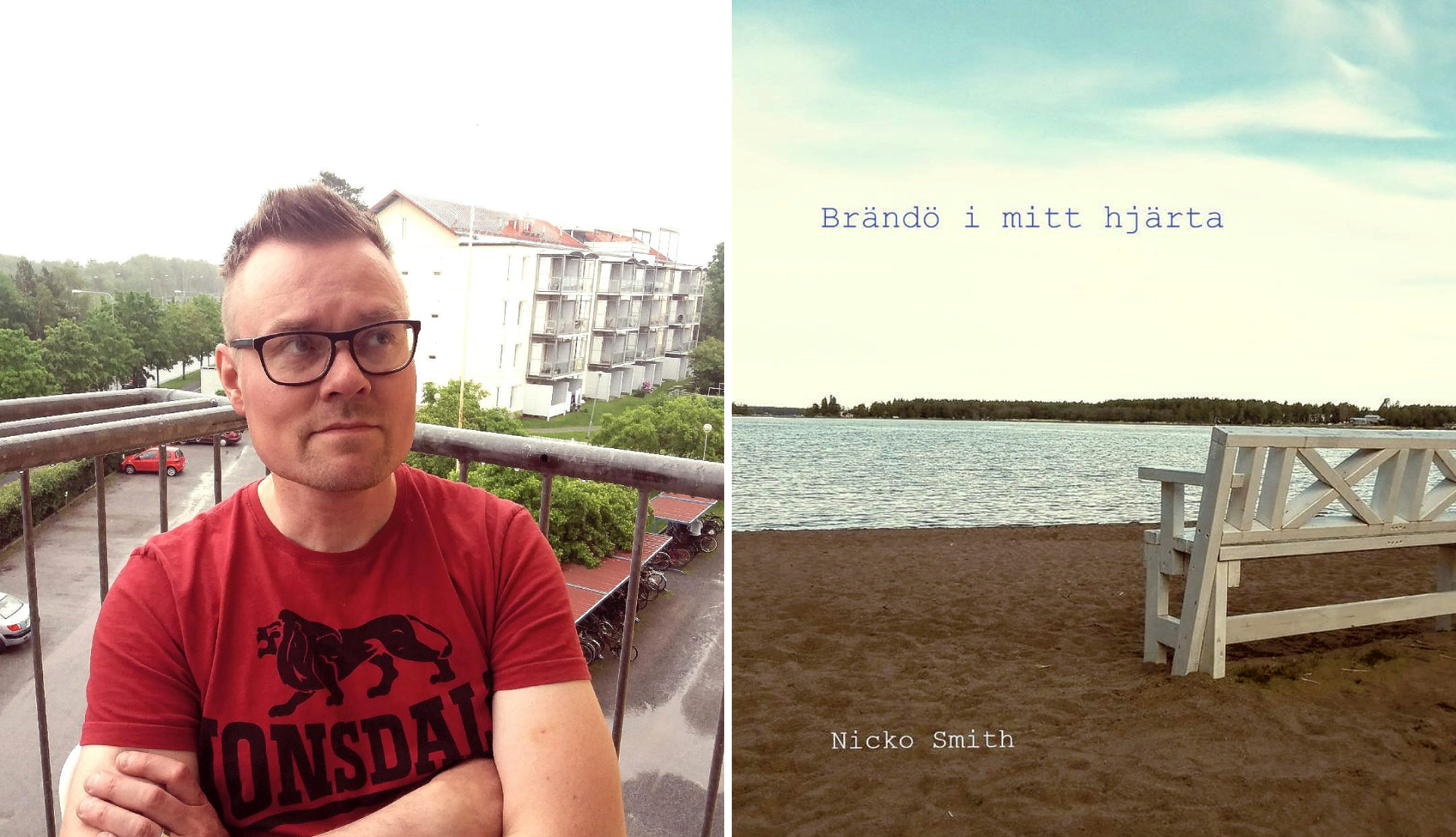 Bildpar. Till vänster: man i röd t-shirt och glasögon står med armarna i kors. Till höger: ett bokomslag med en vit parkbänk på en sandstrand.