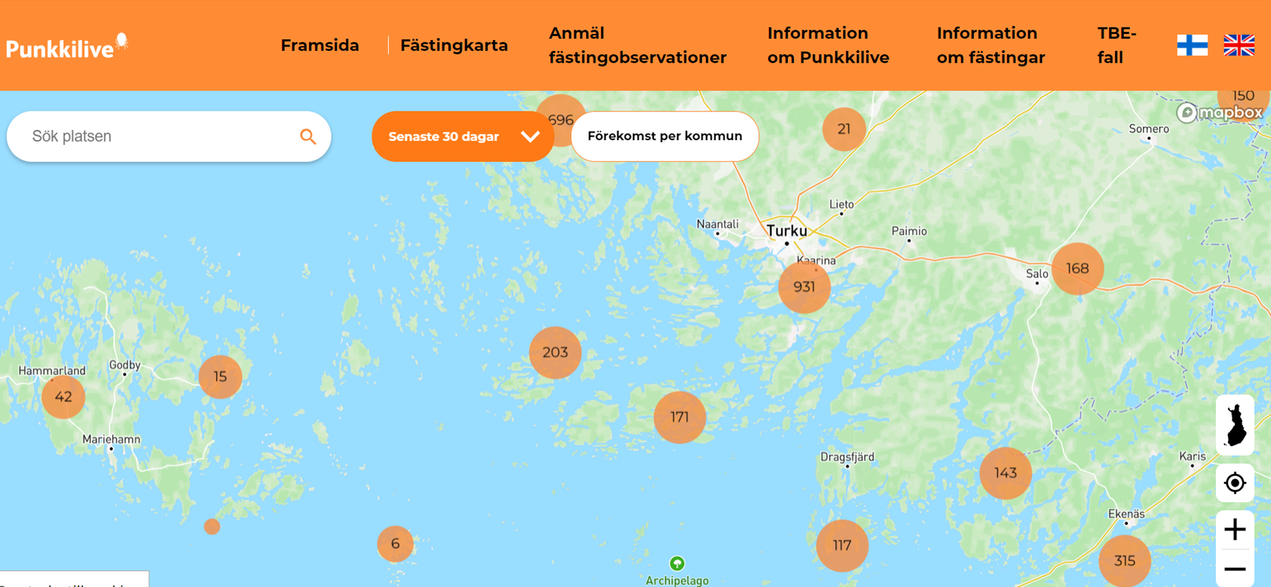 Bild på en karta av Åboregionen med prickar som har siffror i sig.