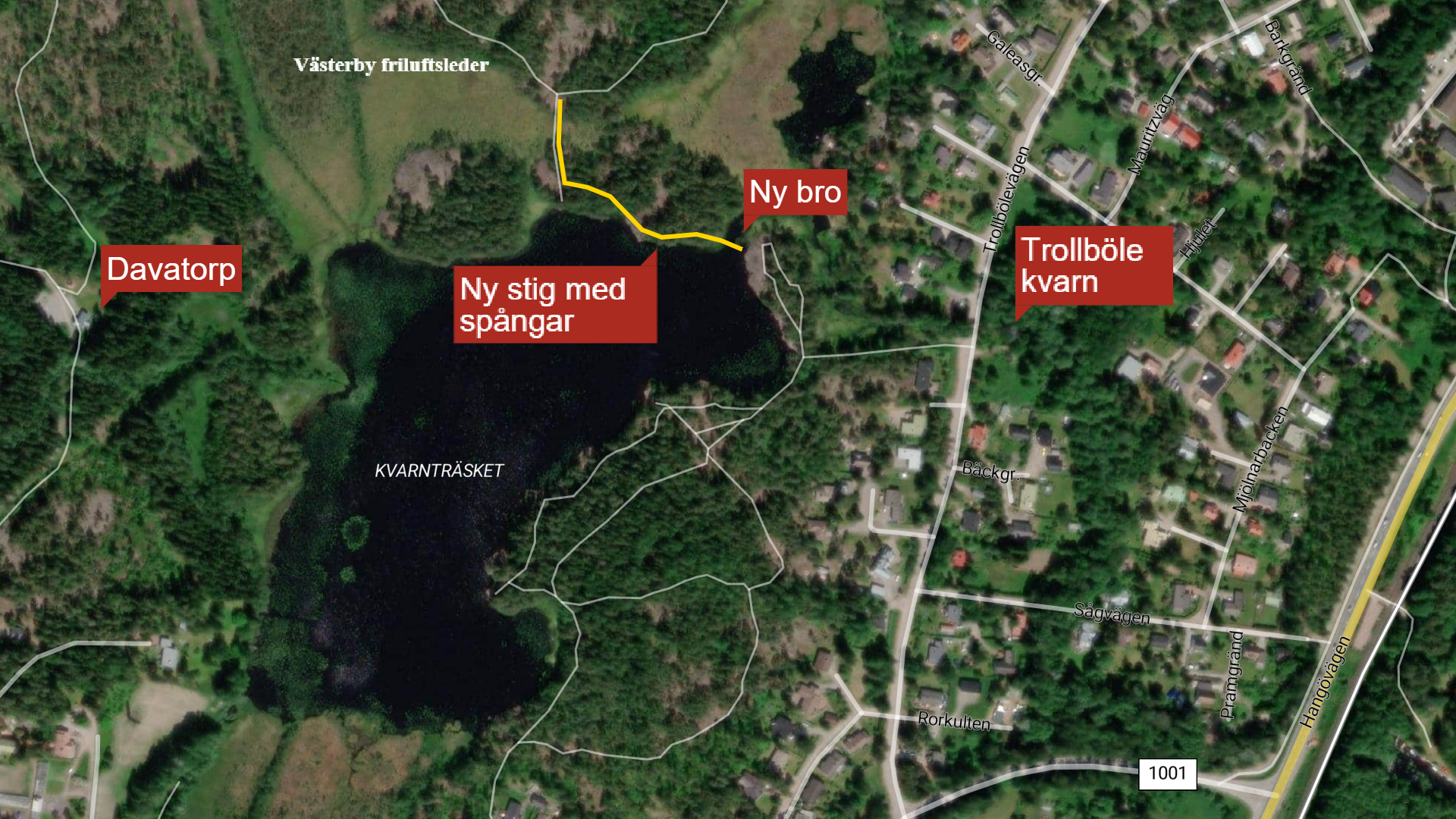Satellitkarta över sjö med landmärken markerade.
