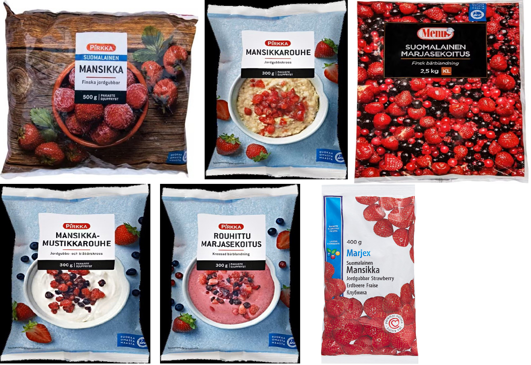 Sex olika förpackningar med djupfrysta bär