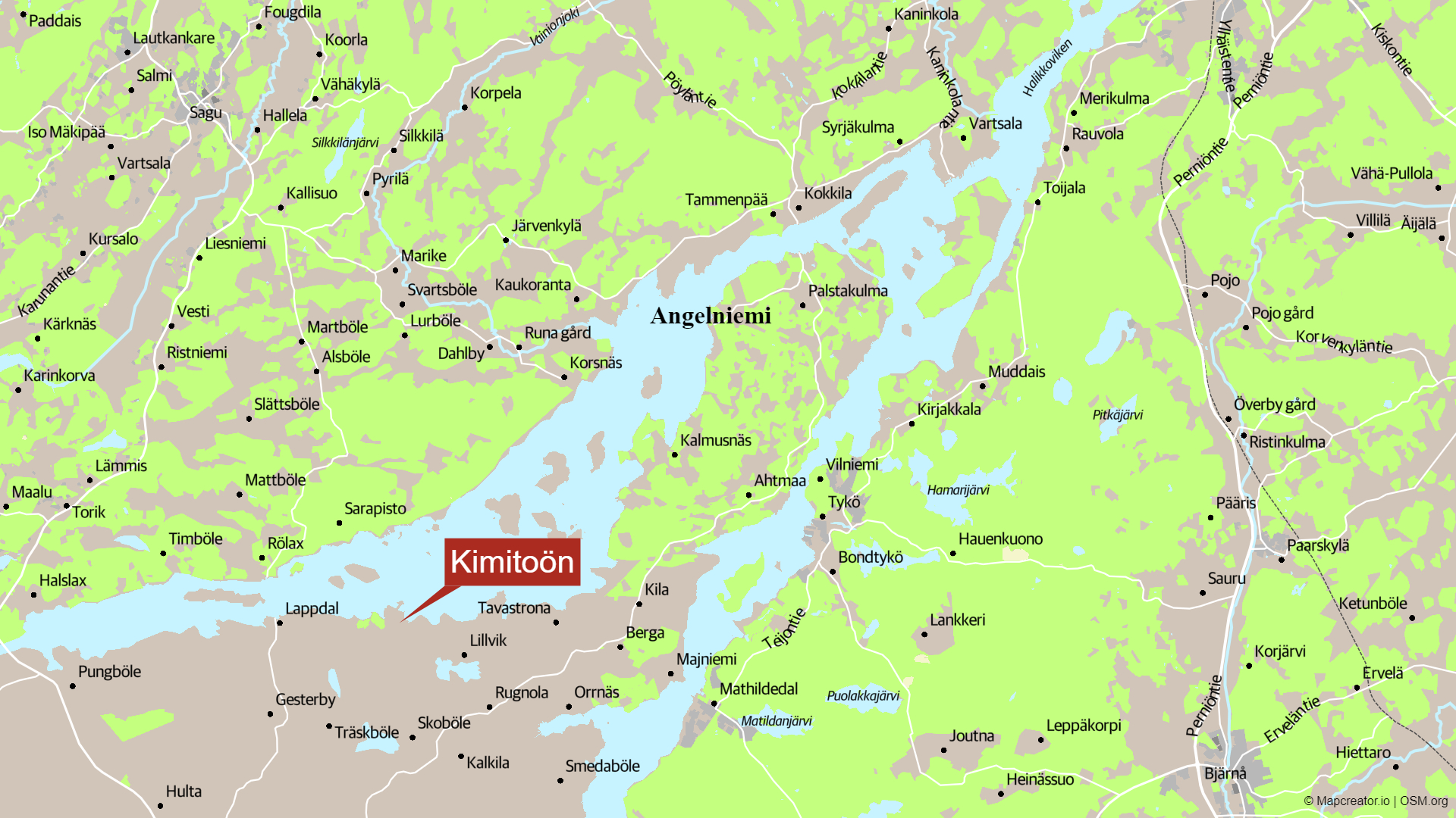Karta som beskriver var Angelniemi finns.