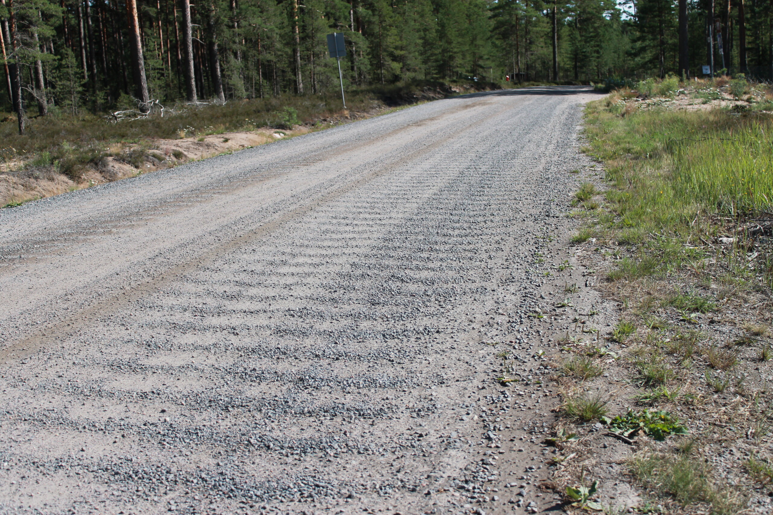 Närbild på Padvavägen i Bromarv vars skick inte är det bästa. Sandväg som har format flera små guppar.