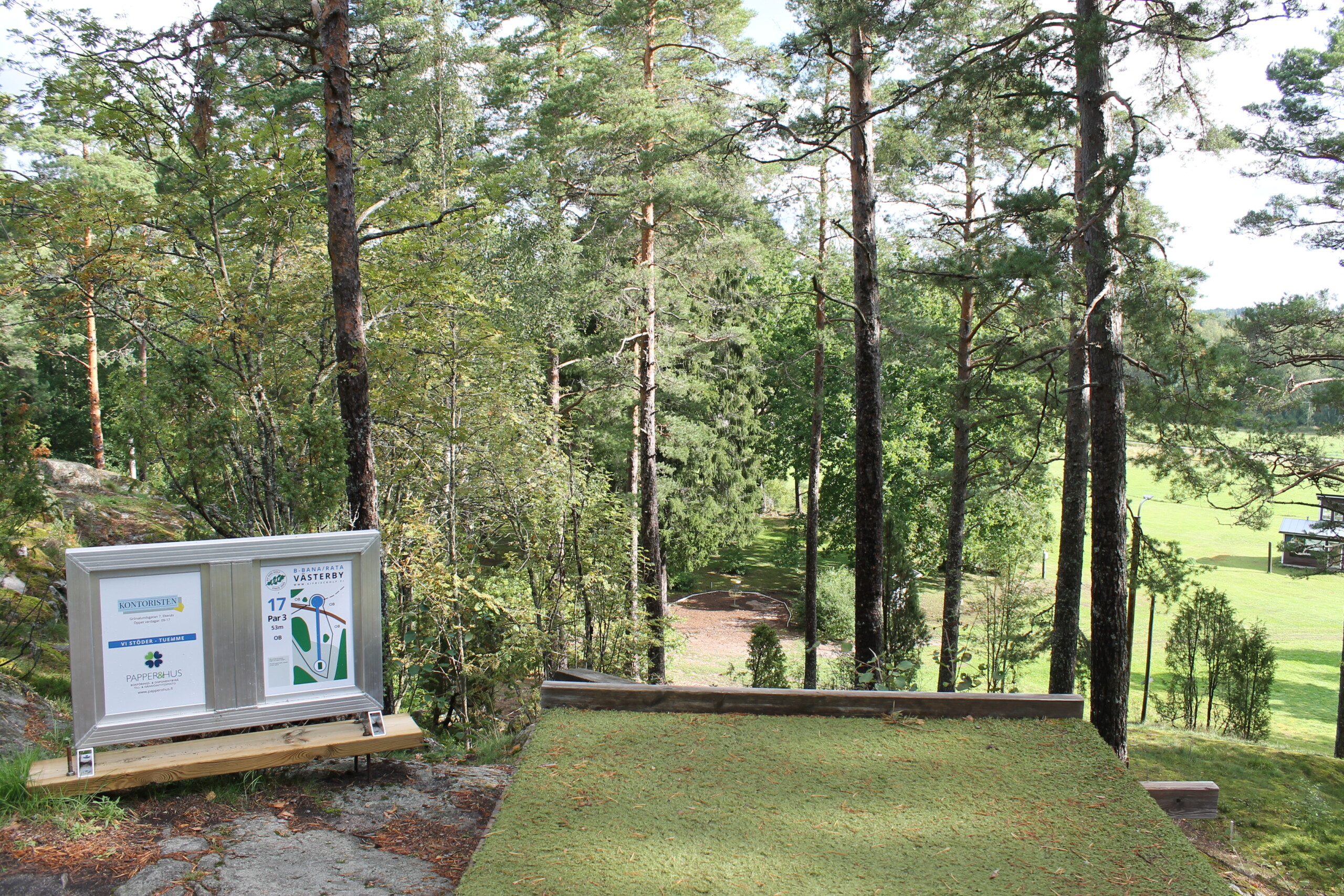 Bild på ett hål i en av frisbeegolfbanorna i Västerby, Ekenäs. Bilden är fotad från startpunkten som är uppe på ett berg. Nedanför ser man träd och frisbeegolfkorgen.