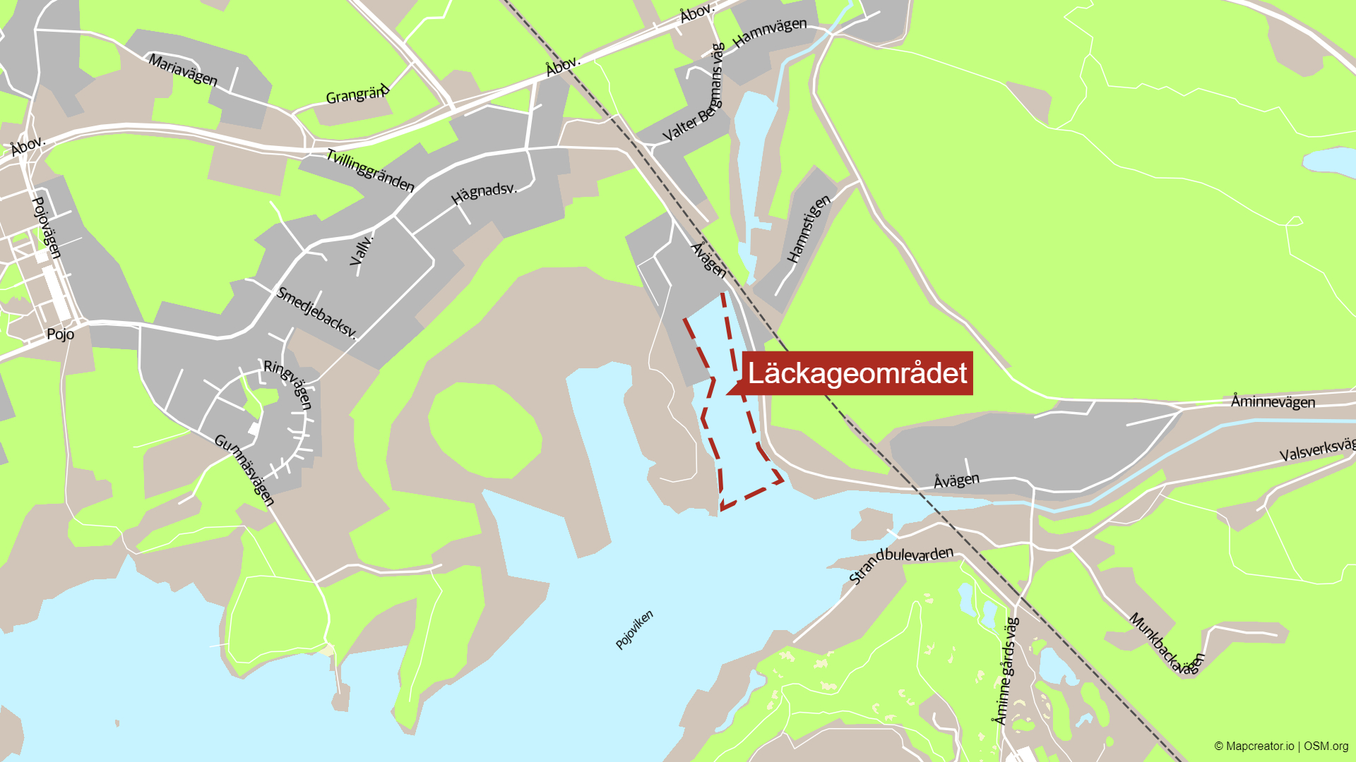 Karta över igenbommat oljeläckage i Skuru hamn i Raseborg.