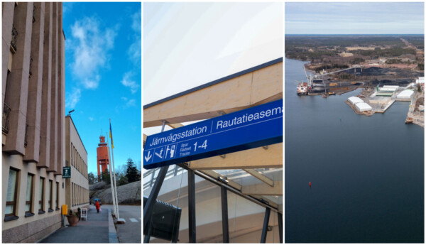 Kollage med bilder på stadm tågstation och hamn.