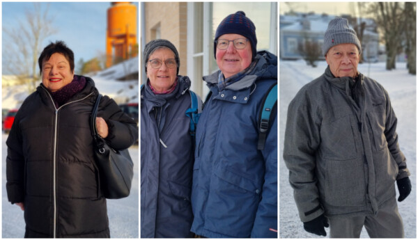 Kollage med fyra personer i vintrig stad.