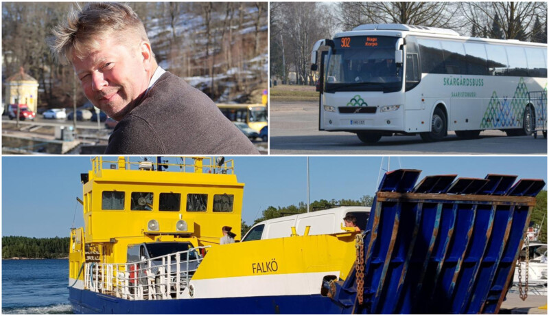 ett bildkollage med en man, en buss och en förbindelsebåt