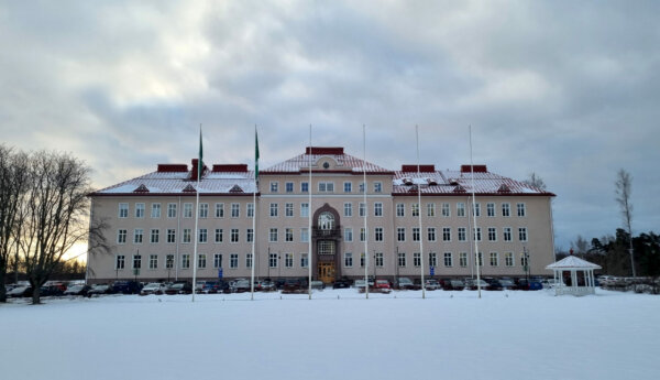 Stor stenbyggnad mot molning himmel.