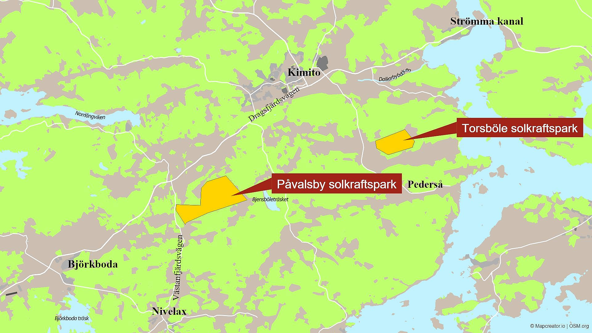 Karta över en del av Kimitoön som visar 2 områden för solkraft.