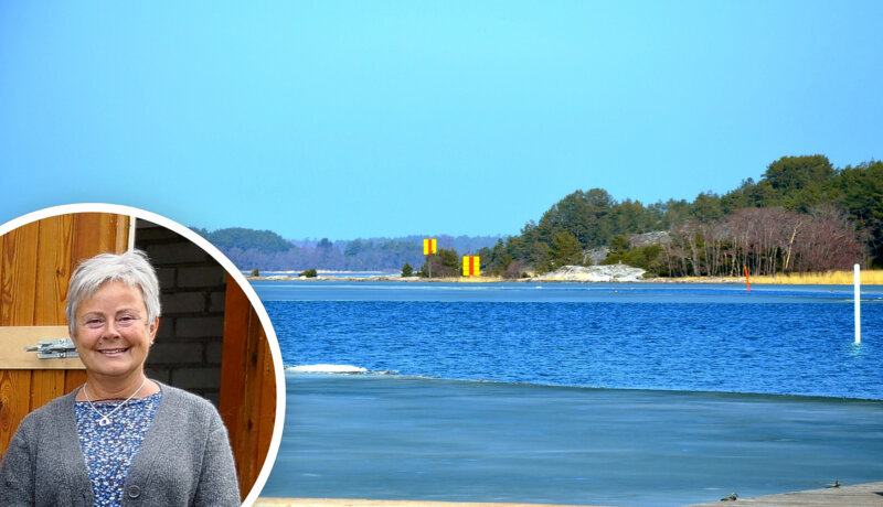 bildkollage med en kvinna och en vintrig skärgårdsvy