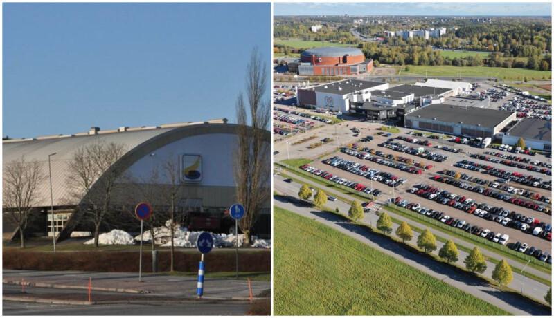 Bildpar på en ishall och ett flygfoto på ett hallområde