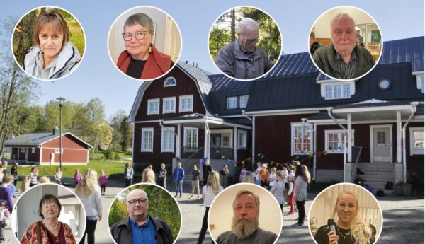 Som botten en skolbyggnad, på den åtta runda personbilder