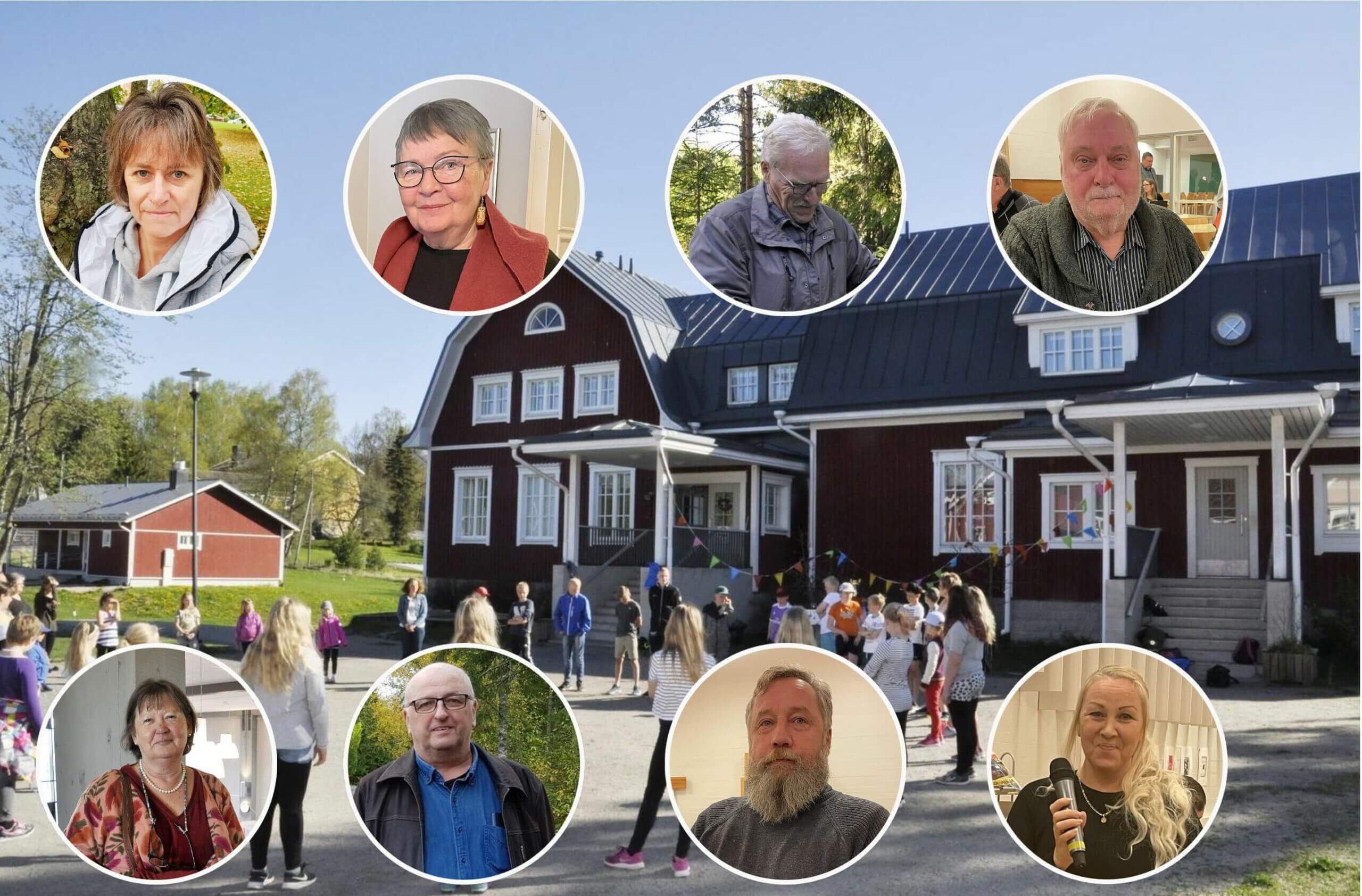 Som botten en skolbyggnad, på den åtta runda personbilder