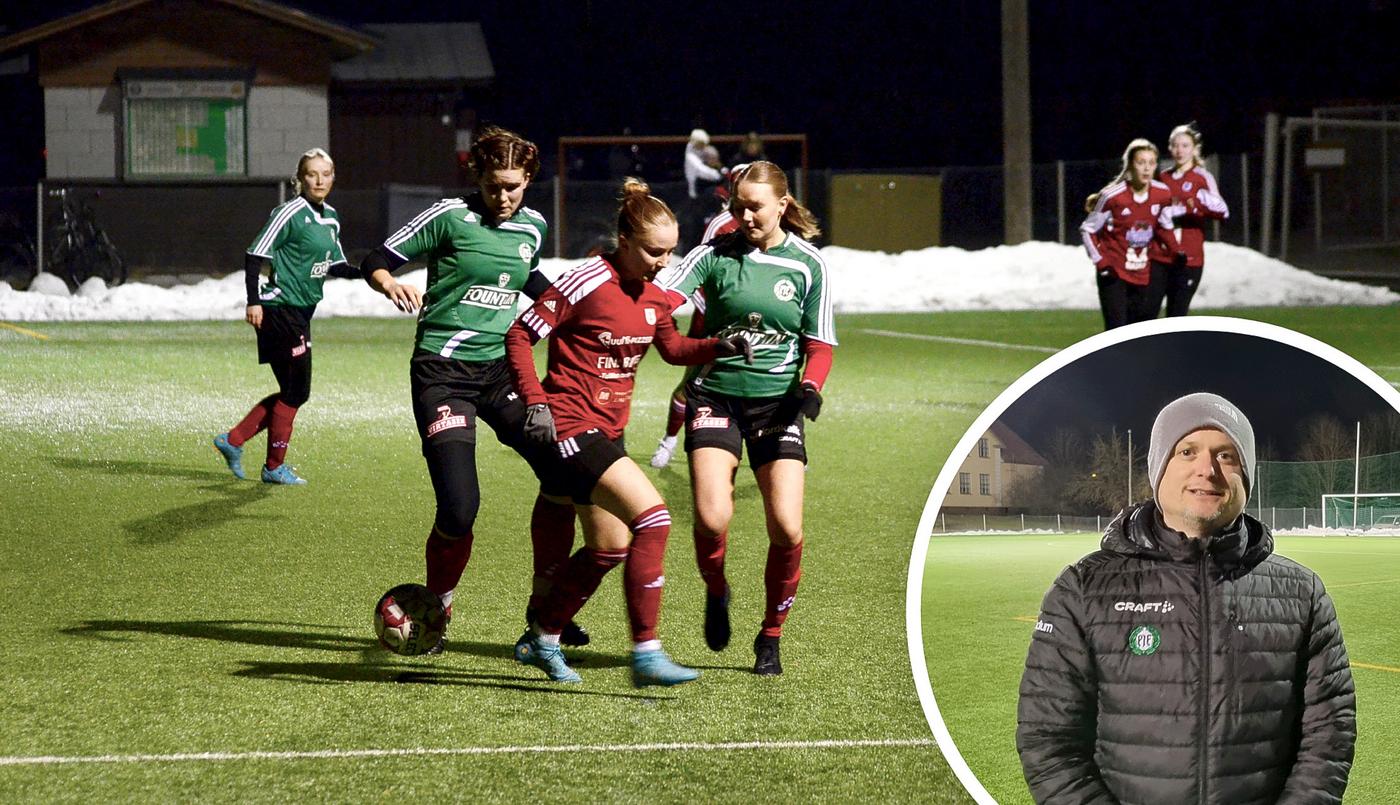 ett bildkollage med röd- och grönklädda fotbollsspelare i kamp om bollen och en man med mössa på huvudet