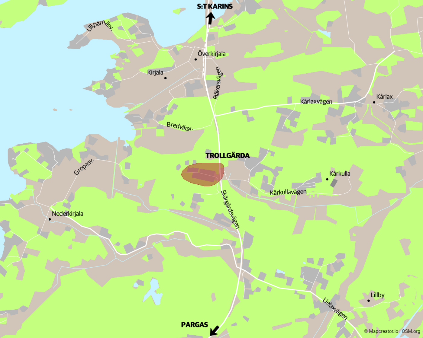 en karta över ett område i Pargas