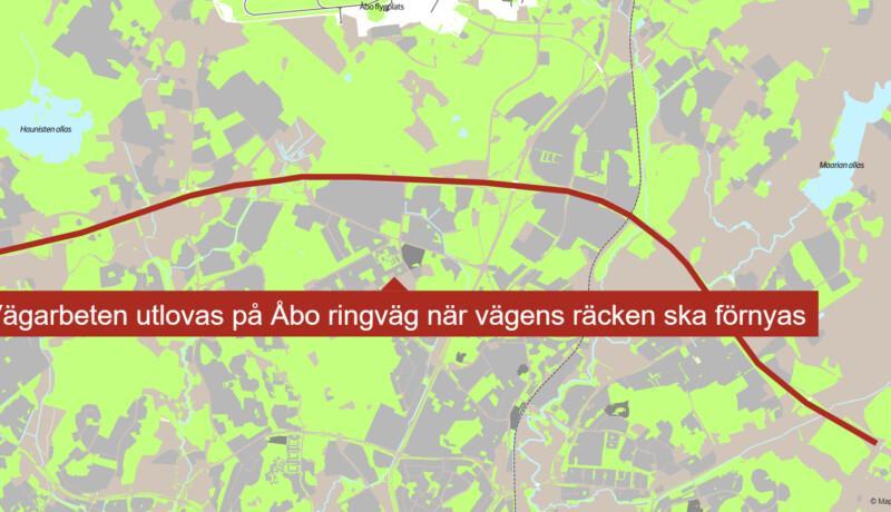 karta med rött streck på väg och röd skylt