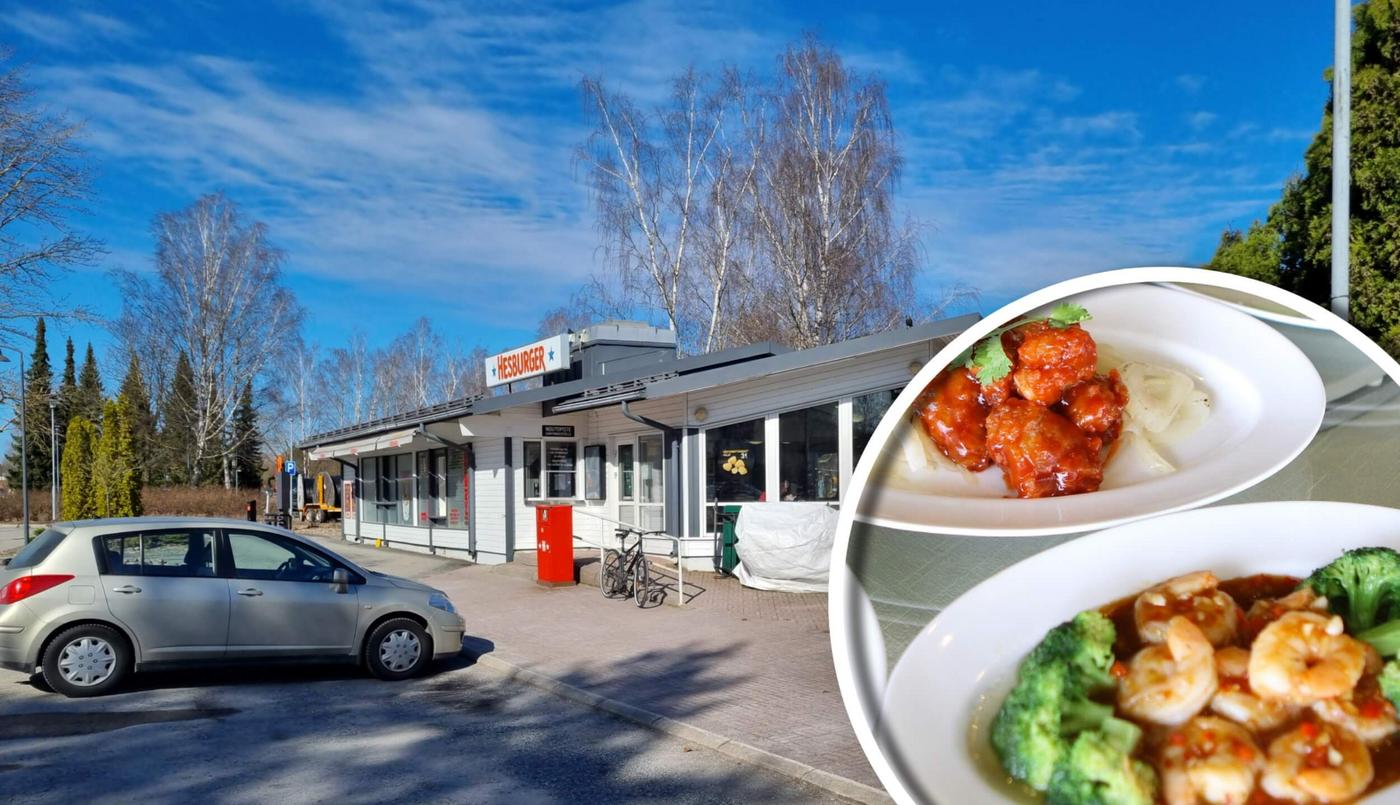 ett bildkollage med en hamburgarrestaurang och asiatisk mat