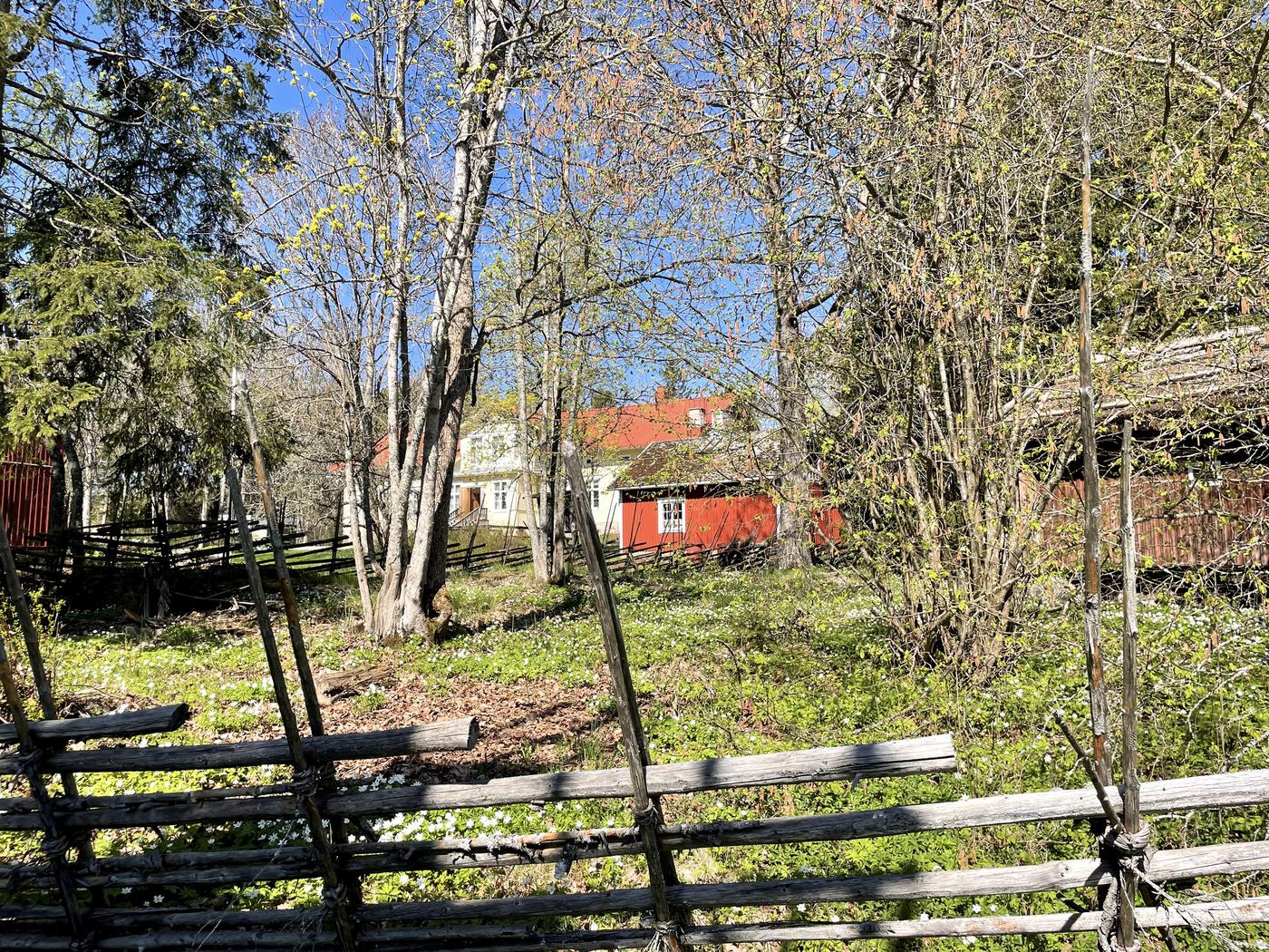 parkliknande område med gärdesgård och gamla hus