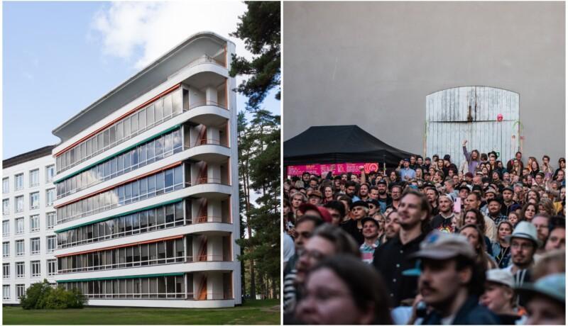 Bildpar. Till vänster en flervåningsbyggnad i funkisstil, till höger en folkmassa på festival