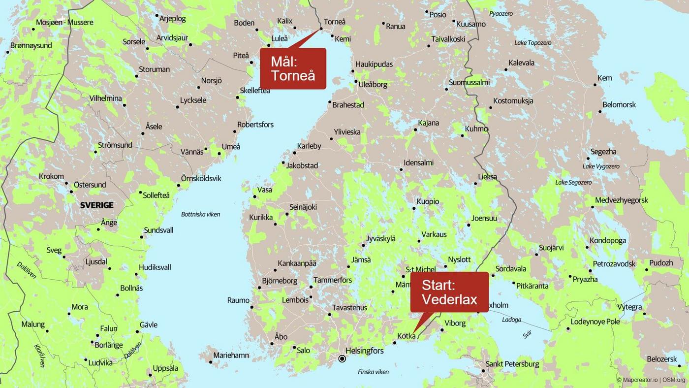 karta över finland med start markerad vid östgränsen och mål i norra Bottenviken