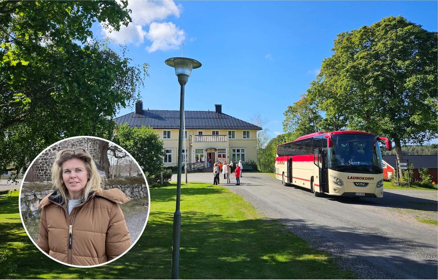 Bild av en buss vid ett semesterhem. På den en mindre bild av en kvinna.