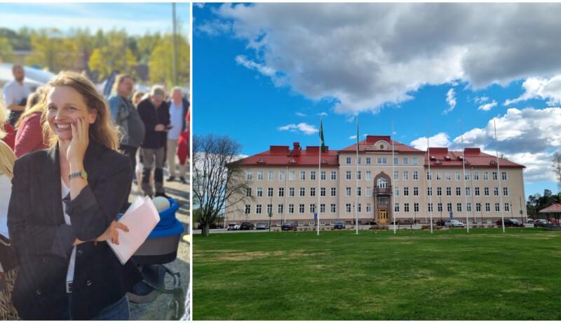 Kollage med kvinna och stadshus.