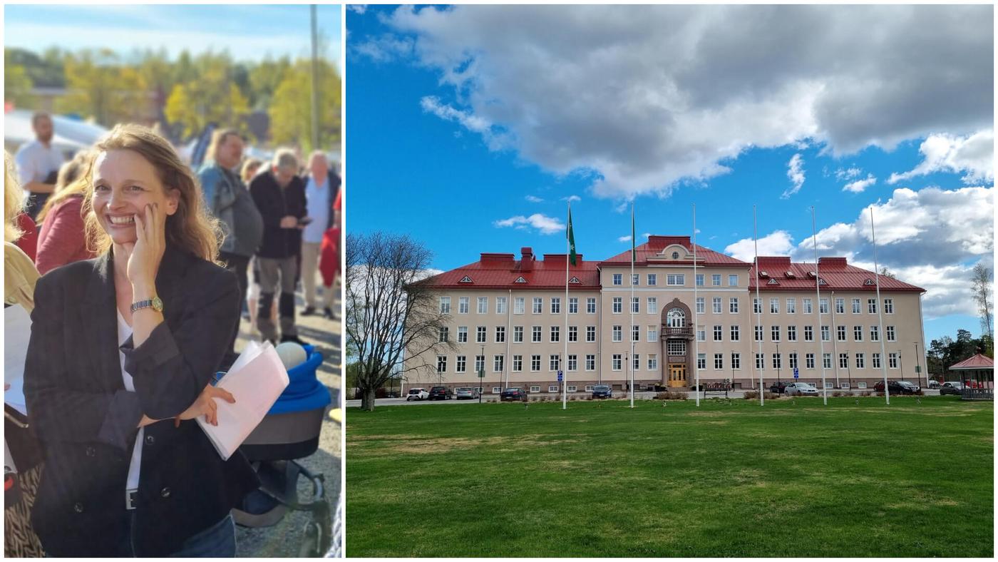 Kollage med kvinna och stadshus.