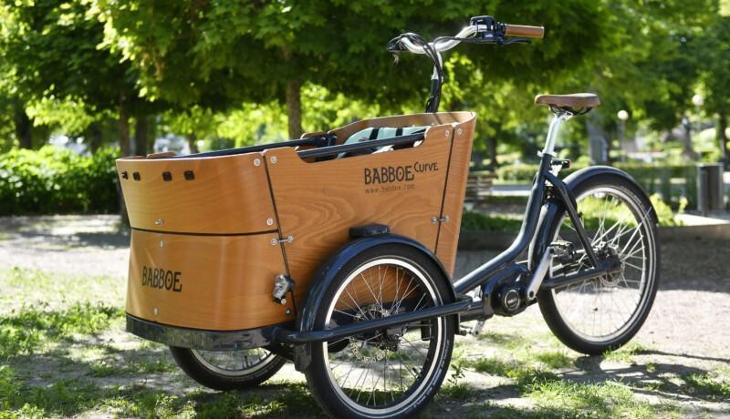 Lådcykel utomhus i grönskande park.