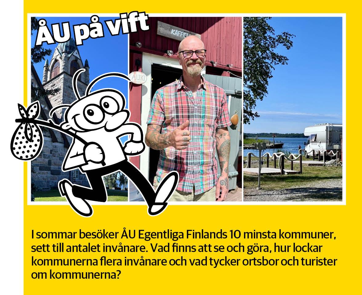 Bildmontage med gul ram föreställande fotografier på somriga uteplatser, en medelålders man i rutig skjorta, en tecknad människofigur och texten "ÅU på vift"