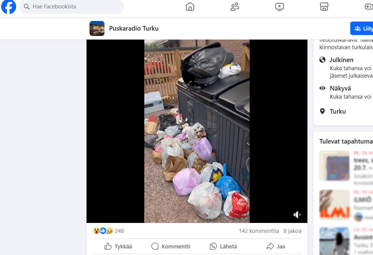Skärmdump: Överfulla sopkärl i Facebookinlägg.