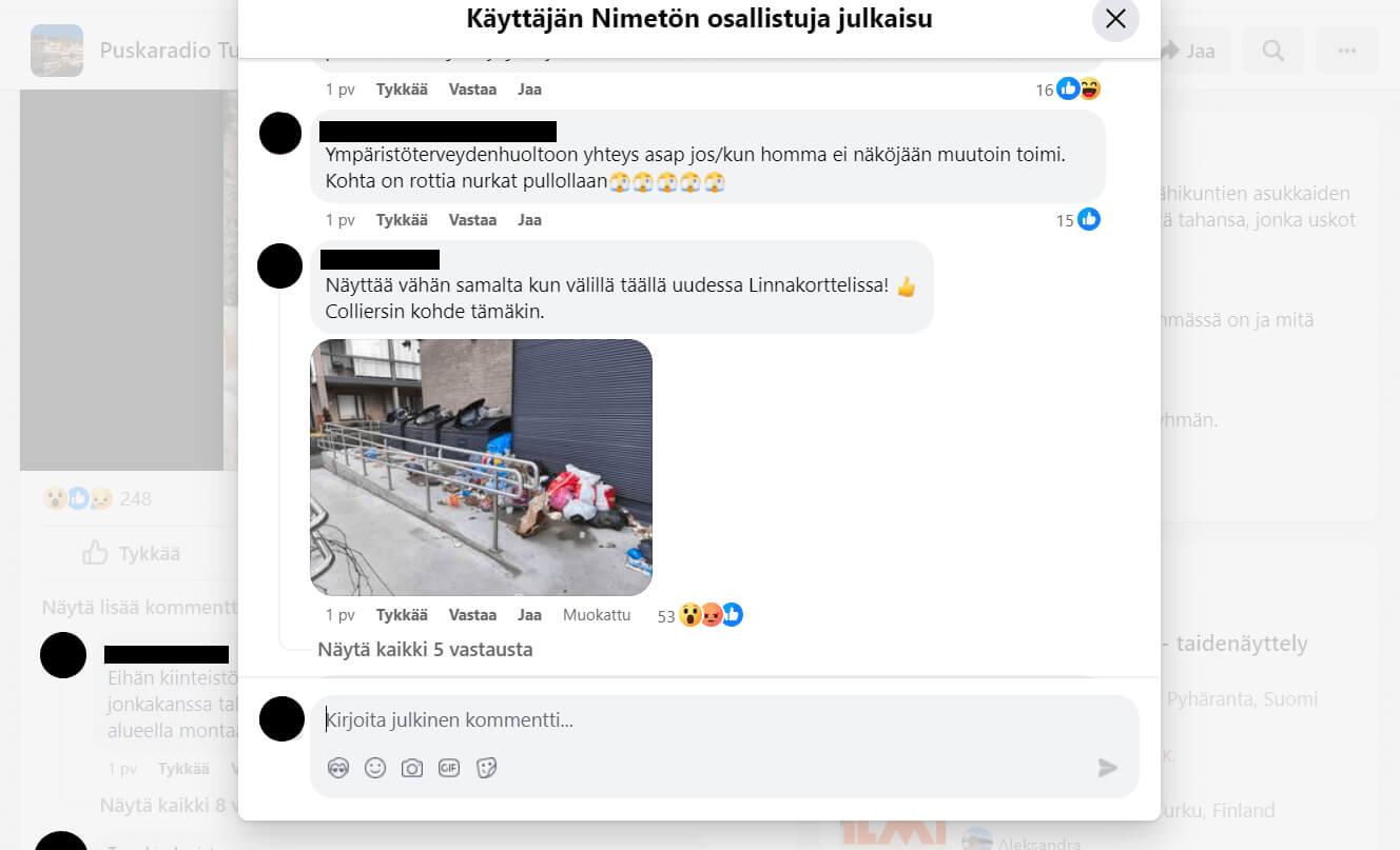 Skärmdump: Överfulla sopkärl i Facebookinlägg.